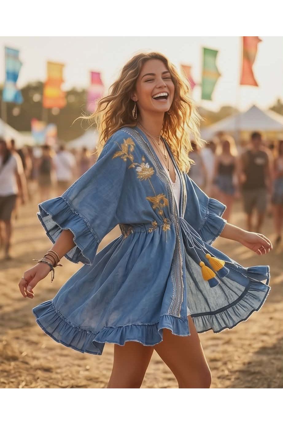 Denim kimono geborduurd met parels