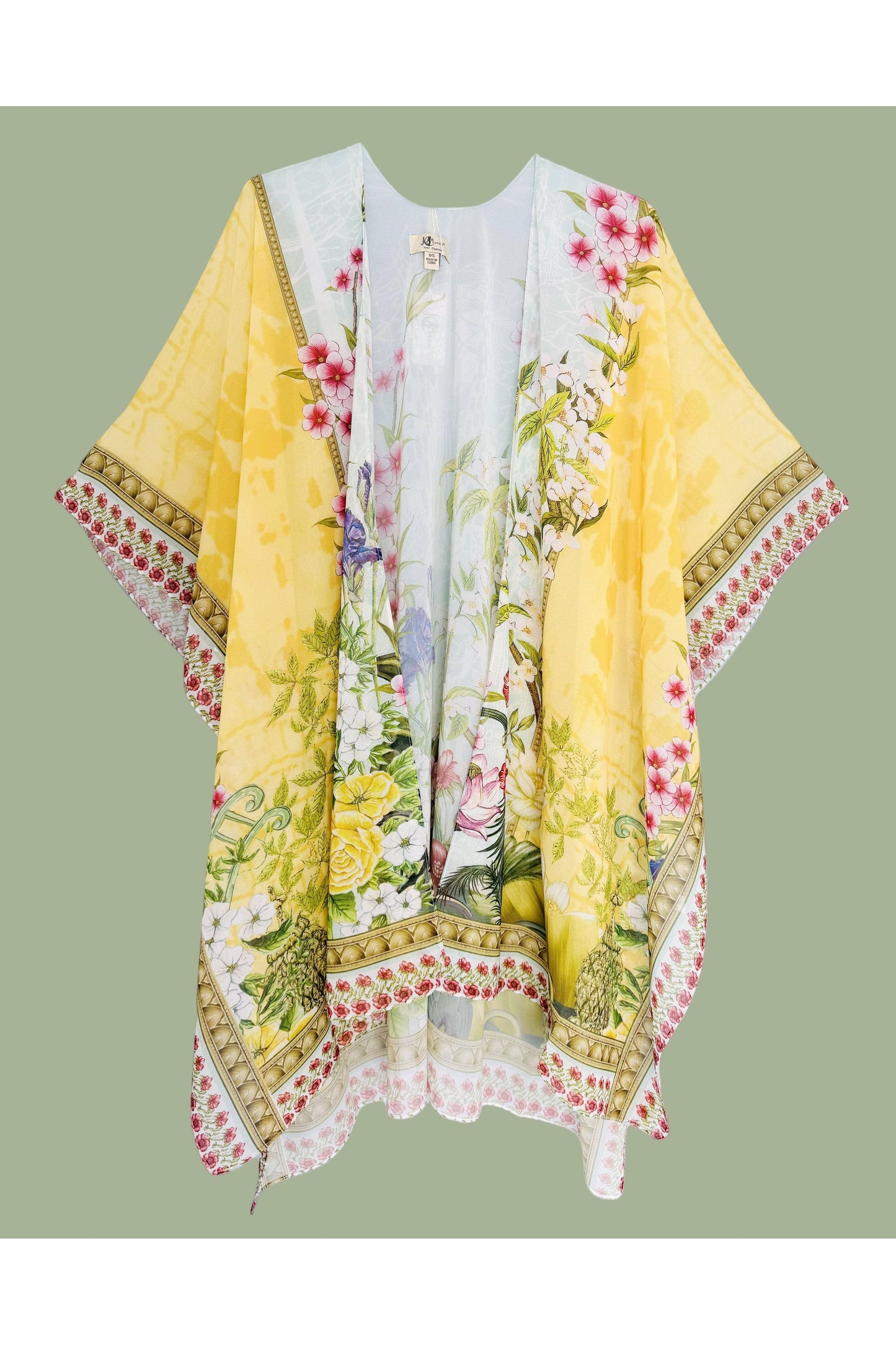 Kimono/cover up met geel-veelkleurige bloemenrand