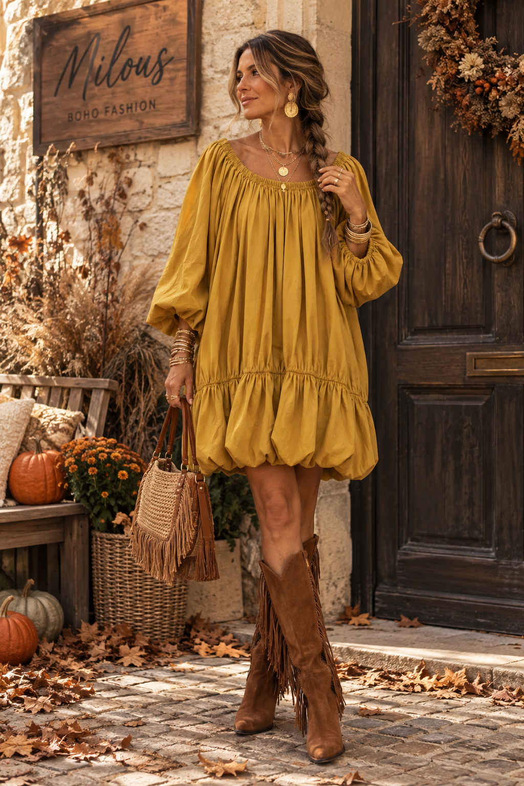 Boho Balloon Dress Mosterd