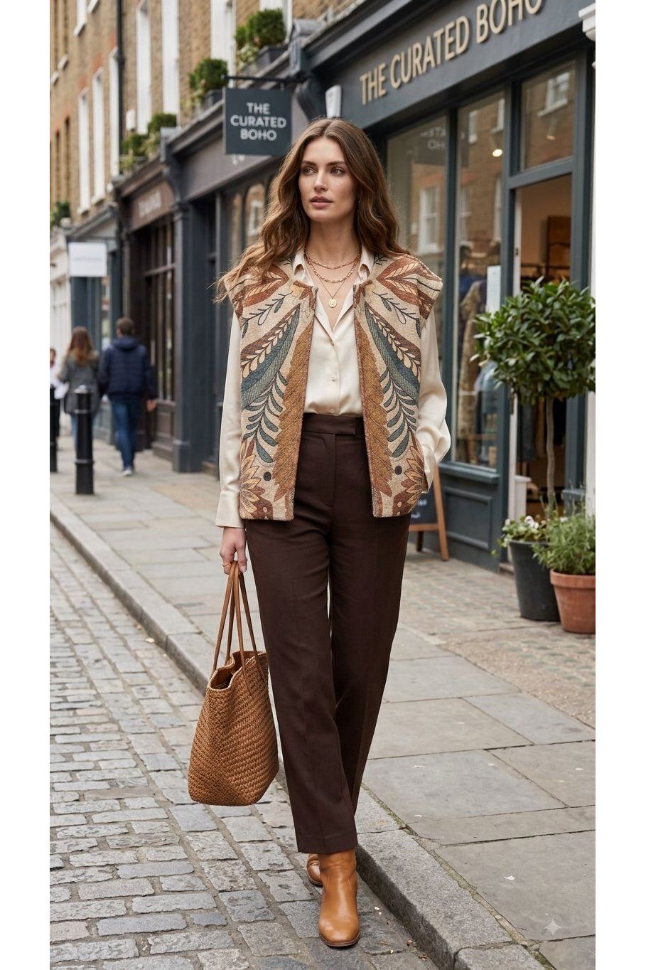 Bedrukte korte gilet camel