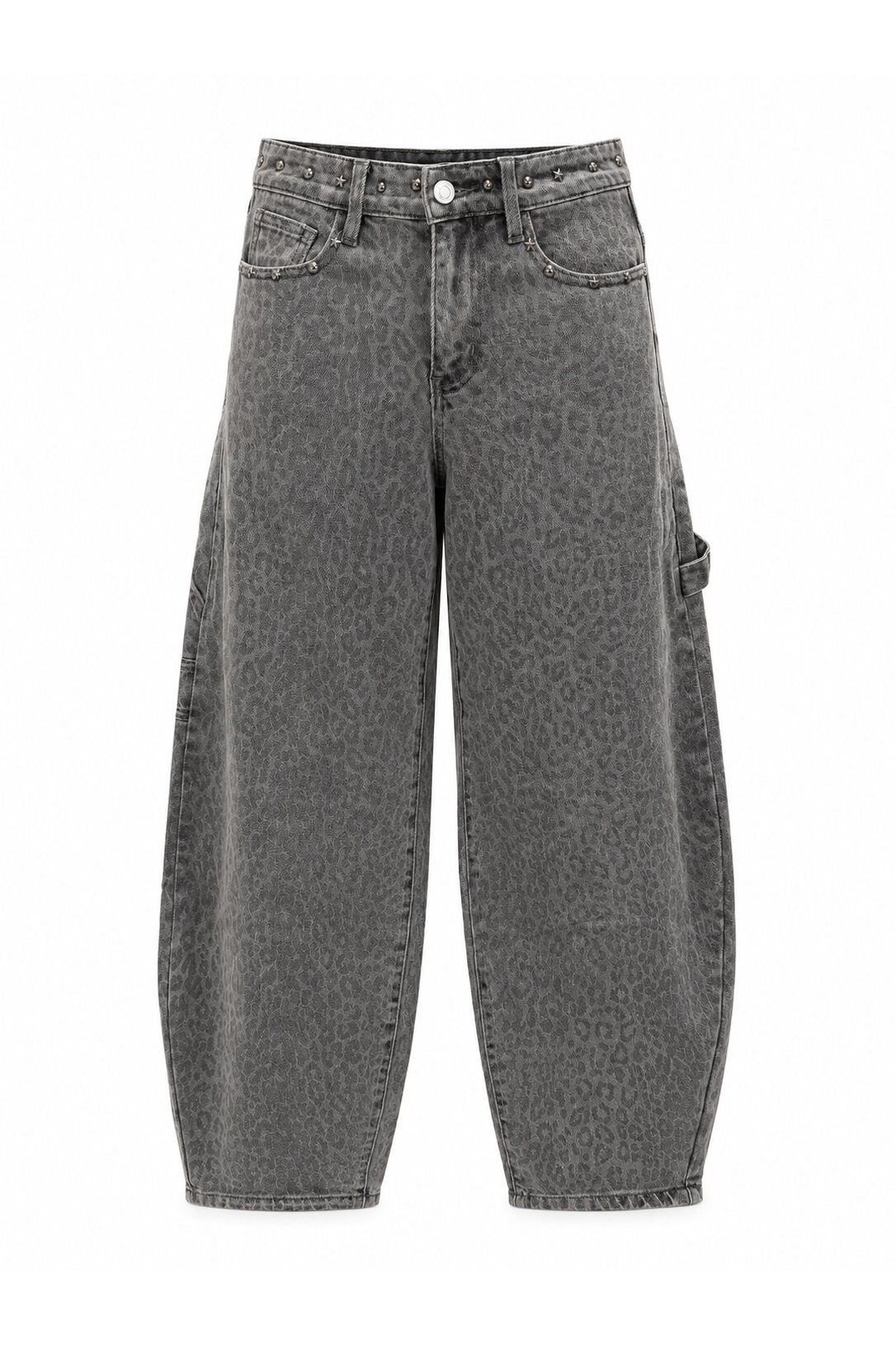 Grijze ballonjeans met luipaardprint en studs