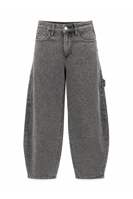 Grijze ballonjeans met luipaardprint en studs