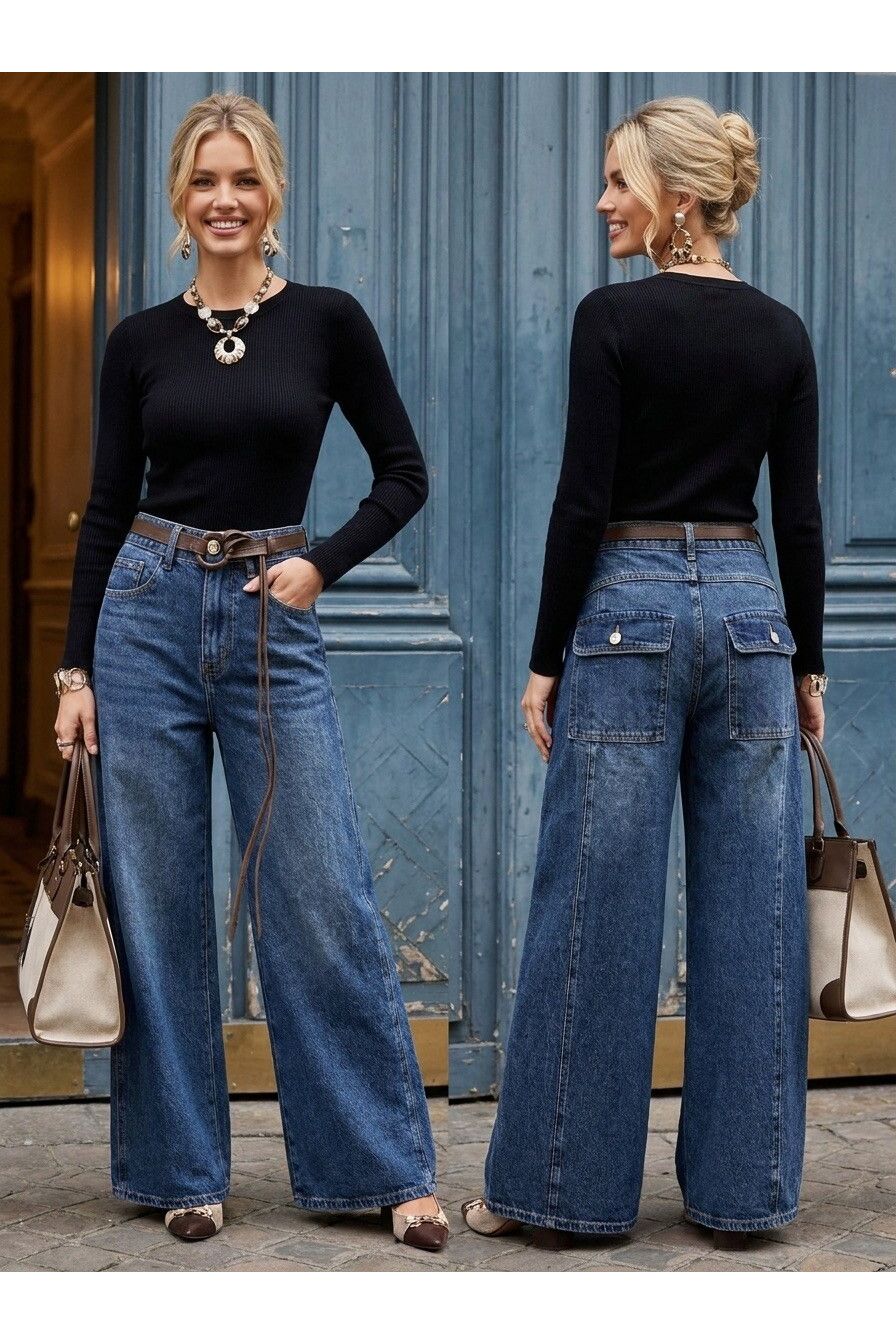 Jeans met wijde pijpen en riem