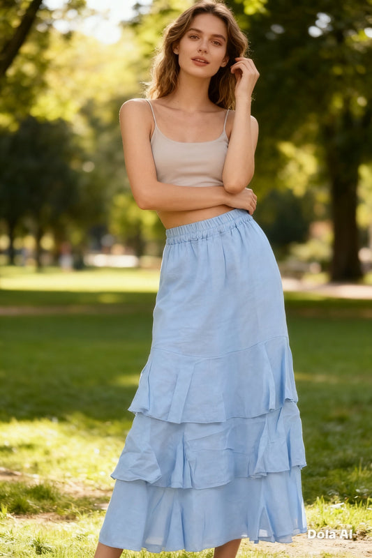 Linnen rok met ruches blauw