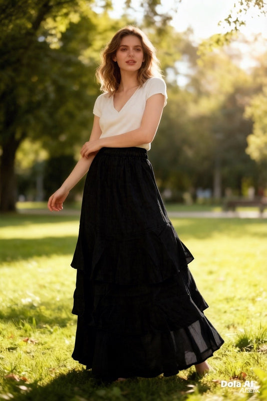 Linnen rok met ruches zwart