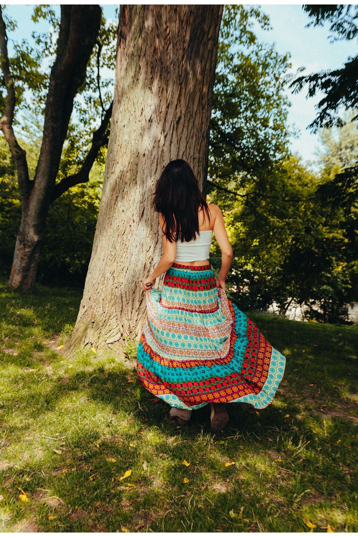 Bohemian maxi rok met print – turquoise vibes
