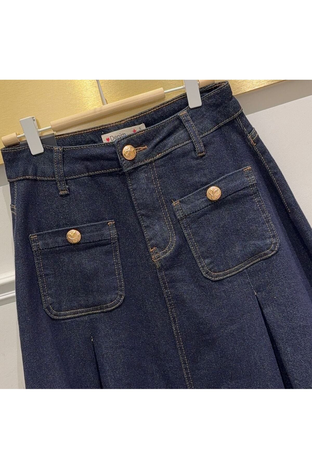 Wijde denim stretch rok met zakken