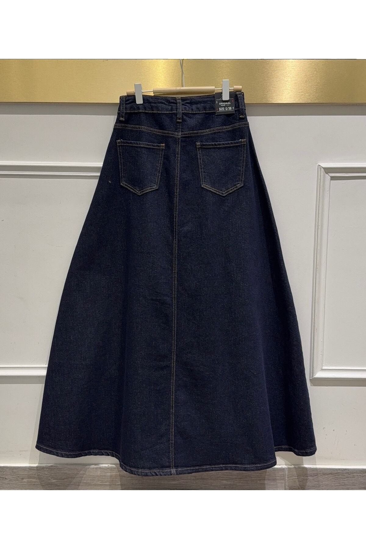 Wijde denim stretch rok met zakken