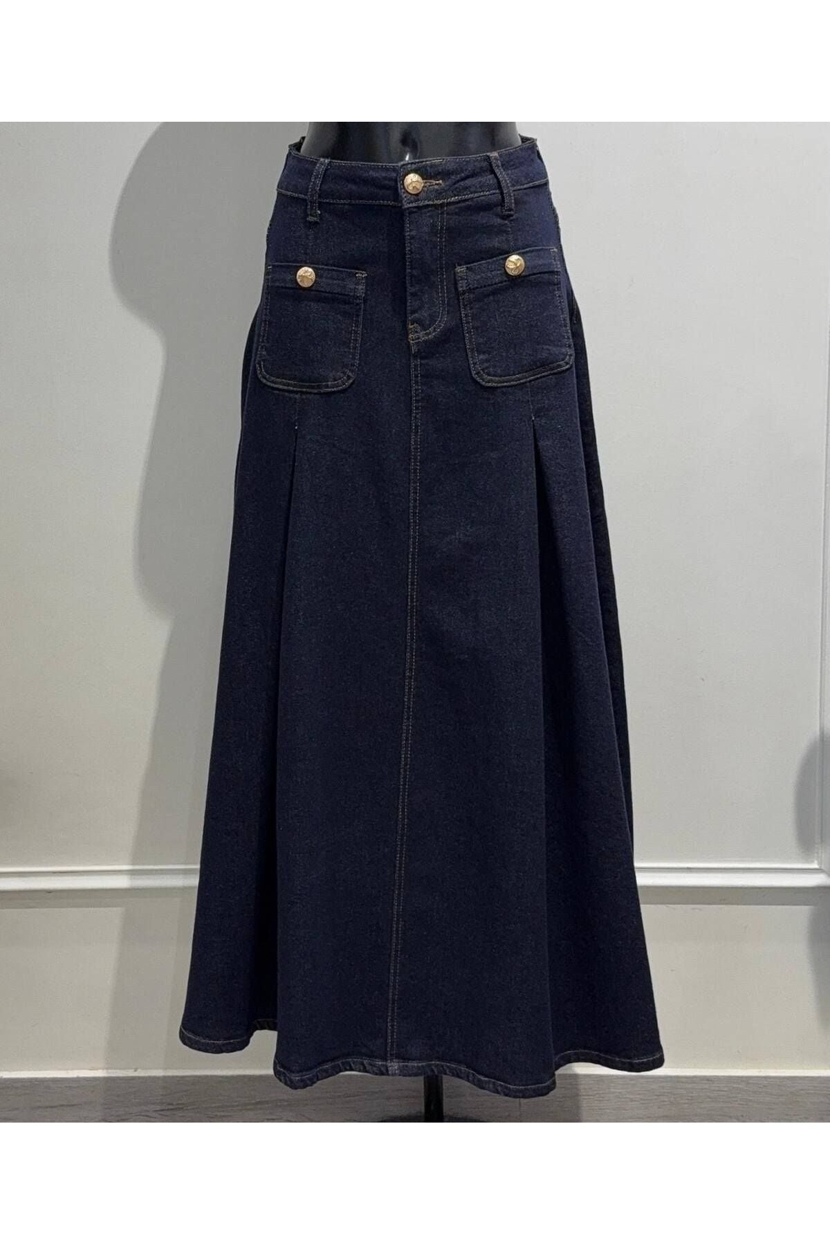 Wijde denim stretch rok met zakken