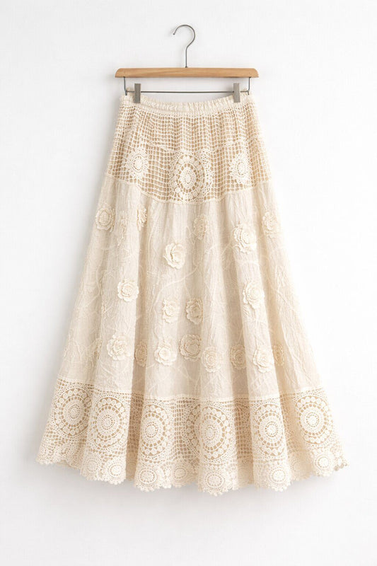 Midi rok van kant ecru met bloemen