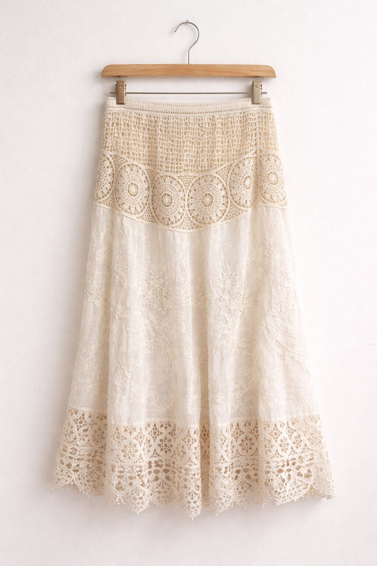 Geborduurde kanten midi rok ecru