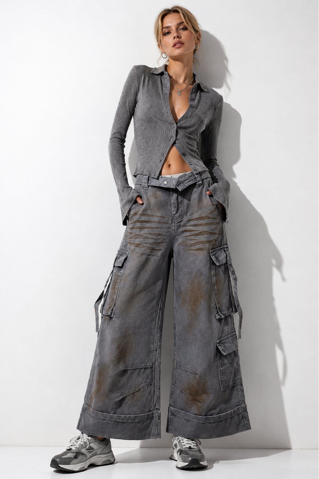 Vintage Oversized Cargo Broek Grijs
