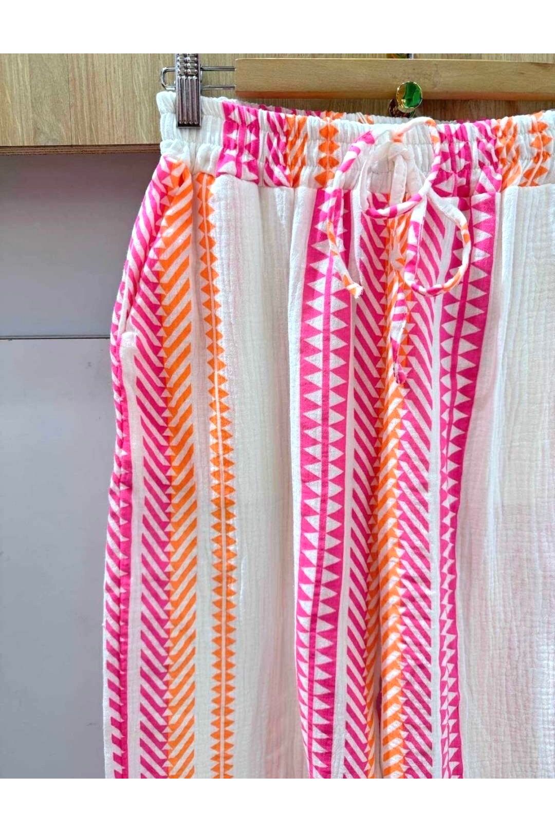 Broek gewafeld katoen roze/oranje fluo