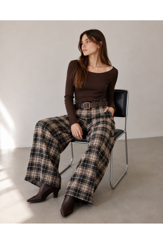 Geruite palazzo broek met riem beige flanel