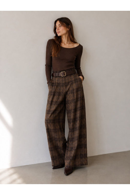 Geruite palazzo broek met riem marron flanel