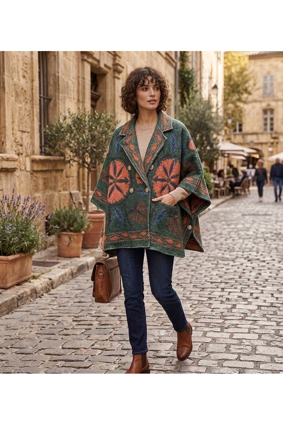 Boho Floral Poncho met Print Groen