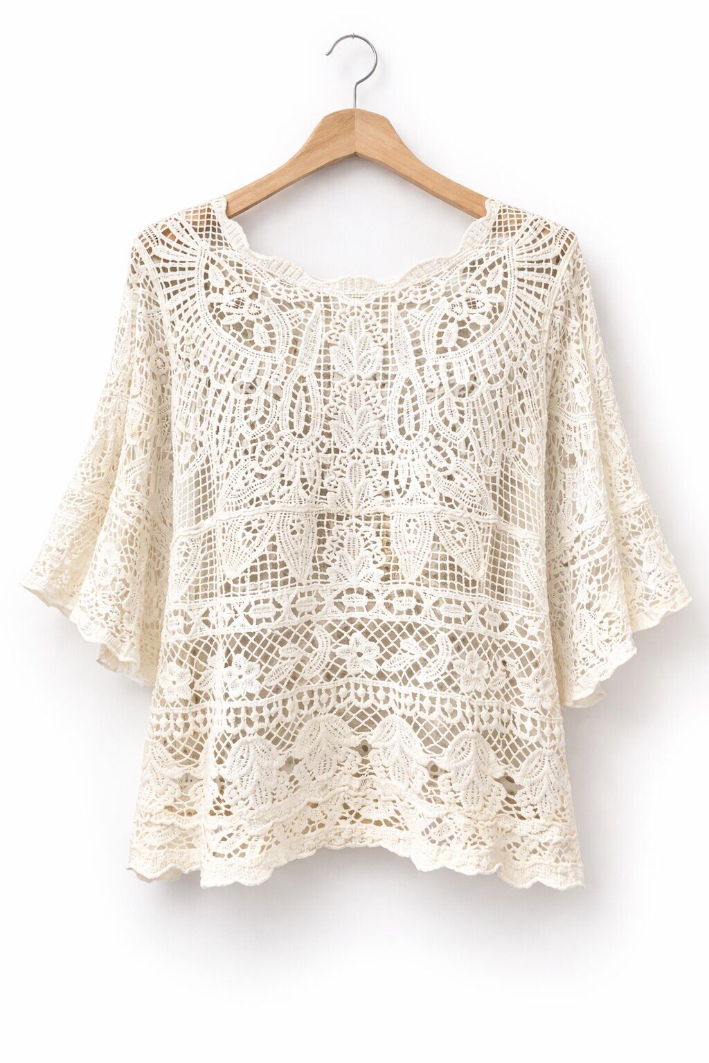 Top met opengewerkte details en wijde mouwen ecru