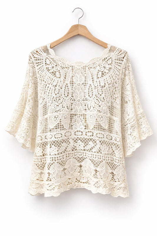 Top met opengewerkte details en wijde mouwen ecru