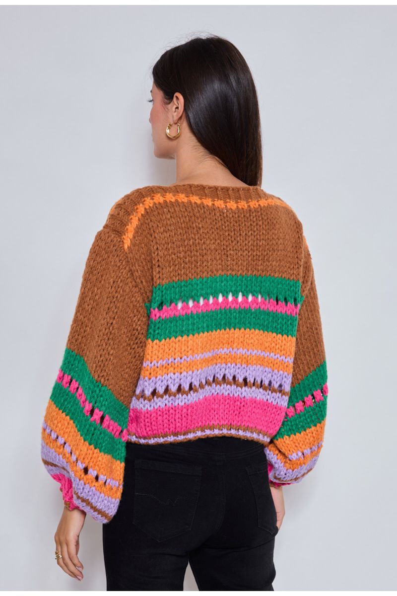 Gebreide multicolor trui met strepen Chocolade