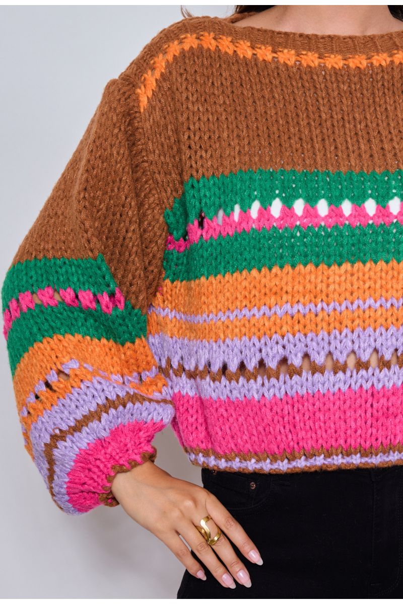 Gebreide multicolor trui met strepen Chocolade