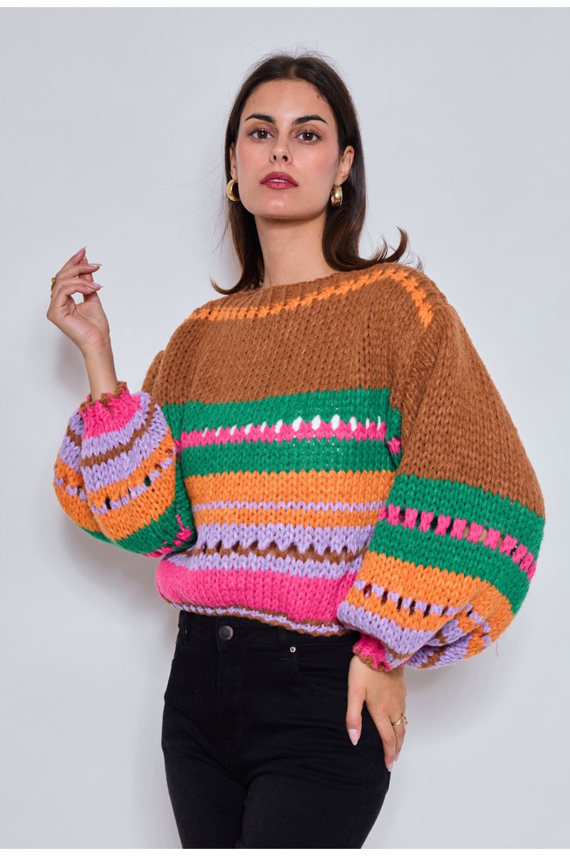 Gebreide multicolor trui met strepen Chocolade