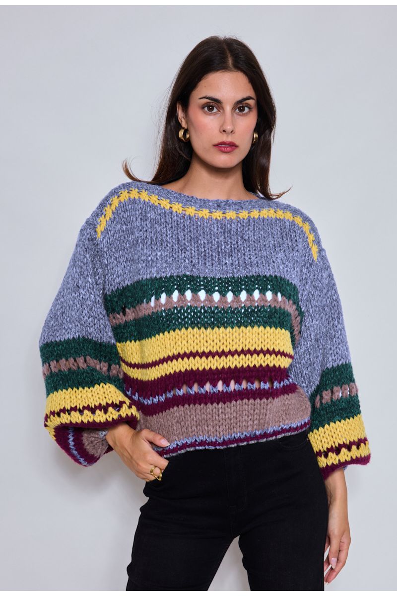 Gebreide multicolor trui met strepen Blauw