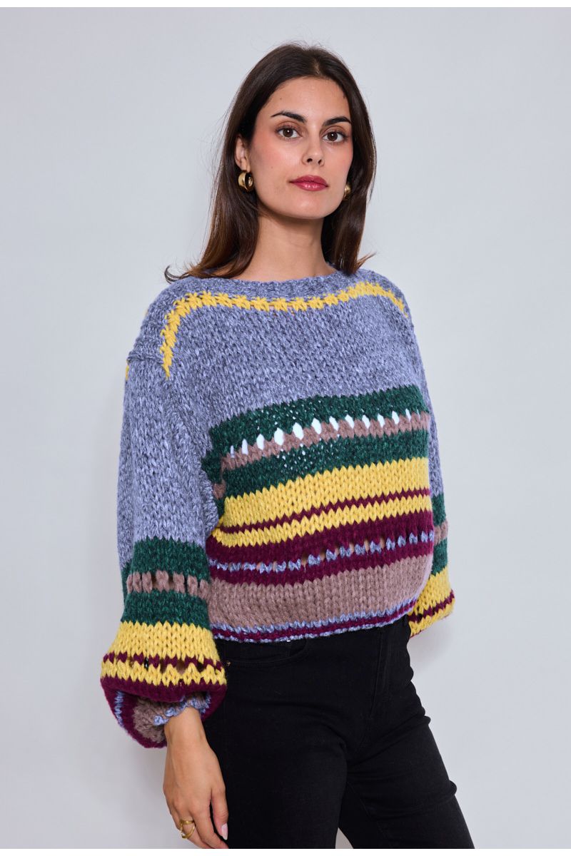Gebreide multicolor trui met strepen Blauw