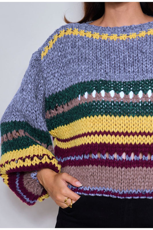 Gebreide multicolor trui met strepen Blauw