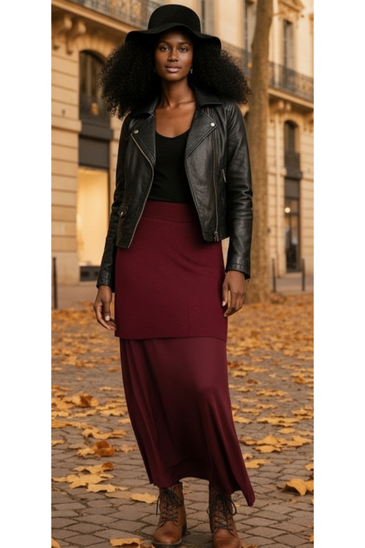 Bordeaux satijnen rok over rok
