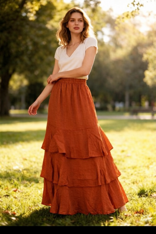 Linnen rok met ruches terracotta