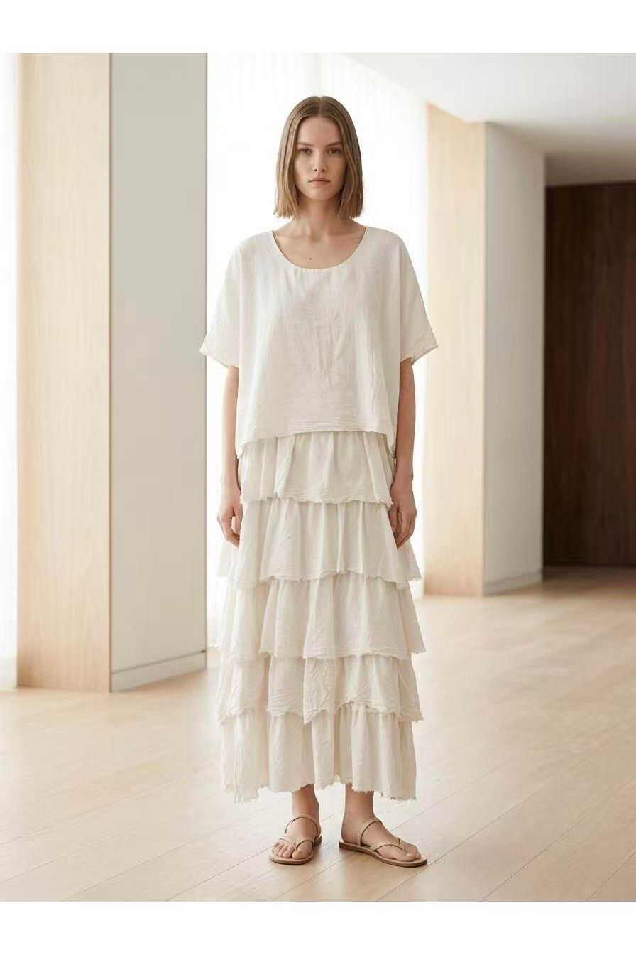 Vloeiende maxi-jurk met ruches off white