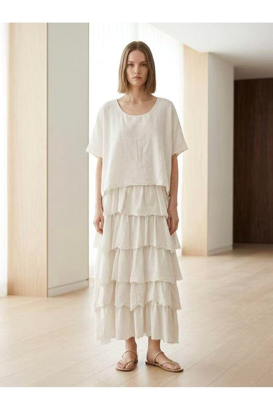 Vloeiende maxi-jurk met ruches off white