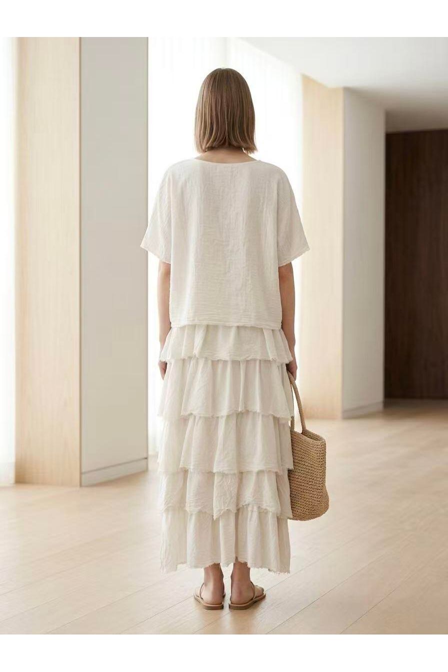 Vloeiende maxi-jurk met ruches off white