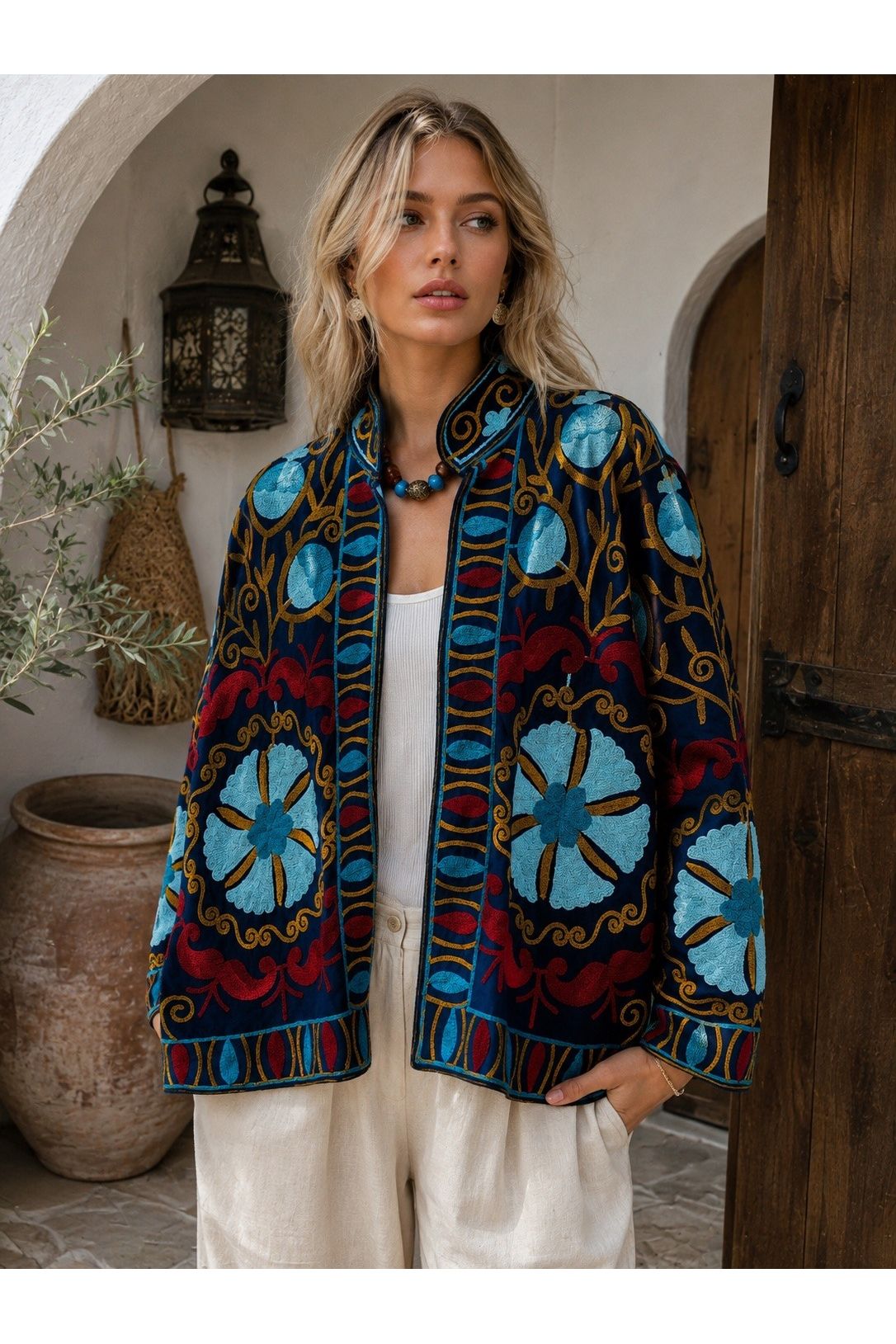 Korte fluwelen Suzani donker blauw
